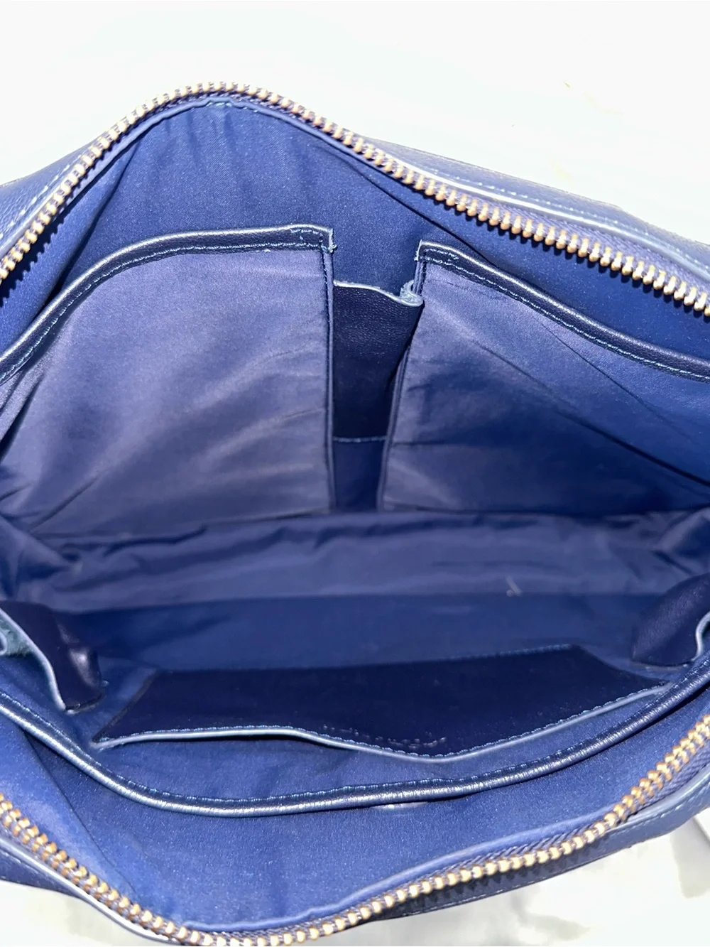 Jacq Leigh London Navy White Leather Satchel Crossbody Bag Gold Hardware Laptop